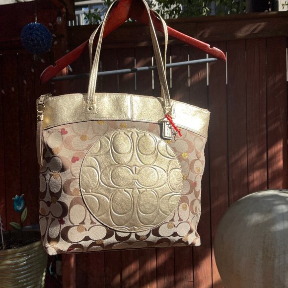Coach Poppy Metalic Leather/Canvas Large Medalion Tote/shoulder bag Rare - Picture 15 of 17